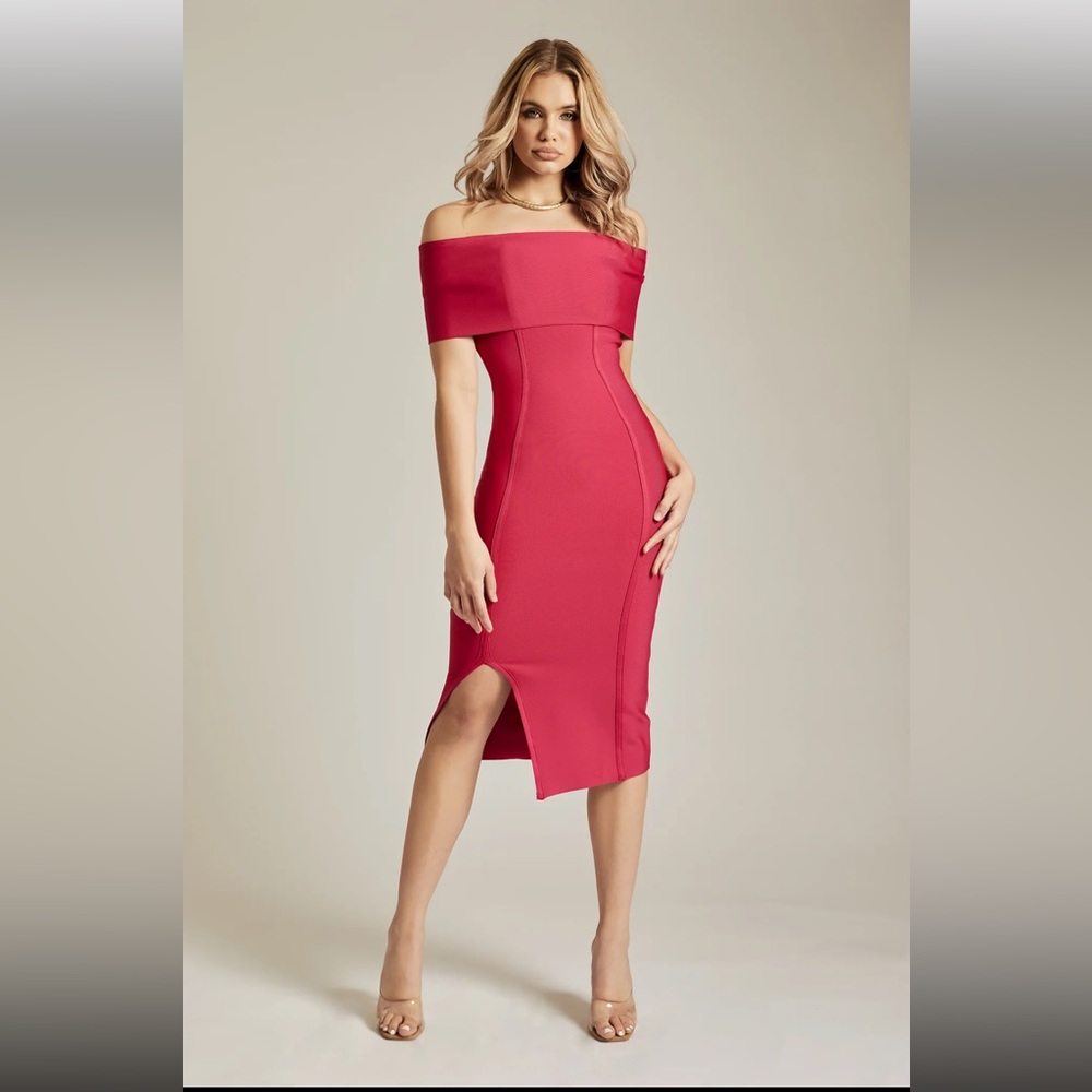 ALIEVA Miel Off Shoulder Bandage Dress in Hot Pink Size S